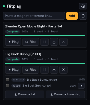 The Flitplay toolbar popup: a field for pasting a magnet or torrent link, and below it two added torrents with their files, sizes and play controls.